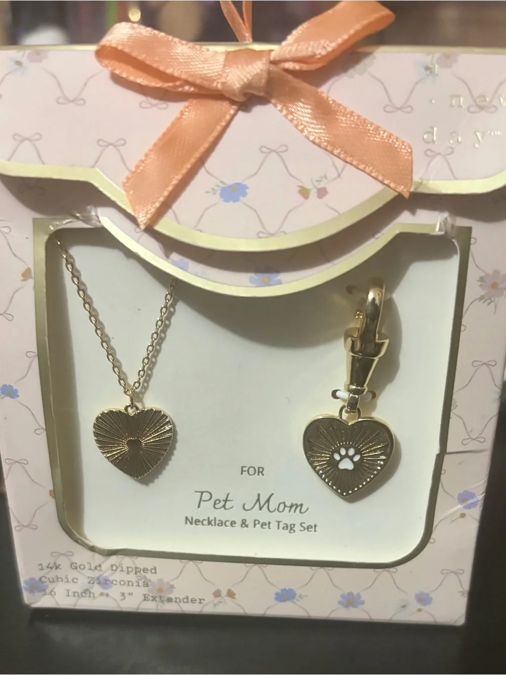 a new day Gold Heart Necklace & Paw Tag Charm Set. NWT